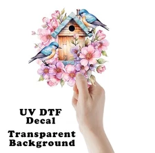 Birdhouse and Pink Flowers UV DTF Transparent Sticker / Decal