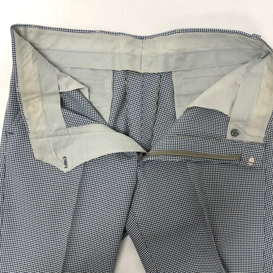 Vtg 70’s Men's MOD Blue White Houndstooth Check RETRO Bell Bottoms Golf Pants 34 - Image 2 of 4