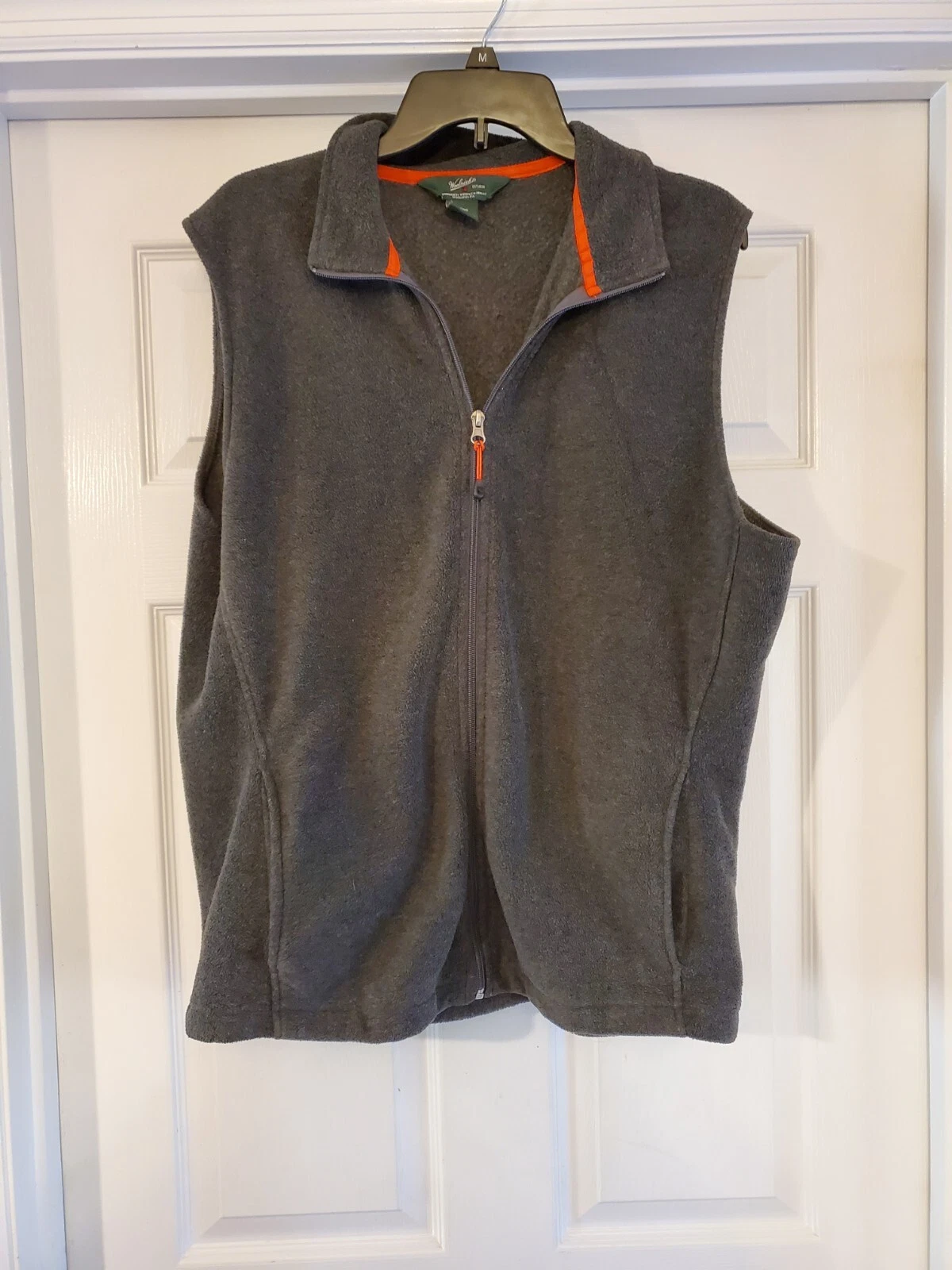 Woolrich Fleece Sleeveless Vest Mens Sz Large Grey Pockets Logo Full Zip Outdoor
