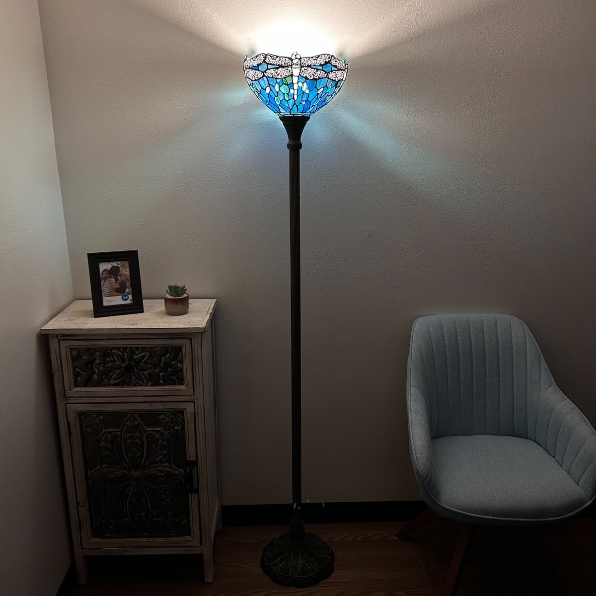 Tiffany Style Torch Floor Lamp Blue Stained Glass Dragonfly 12