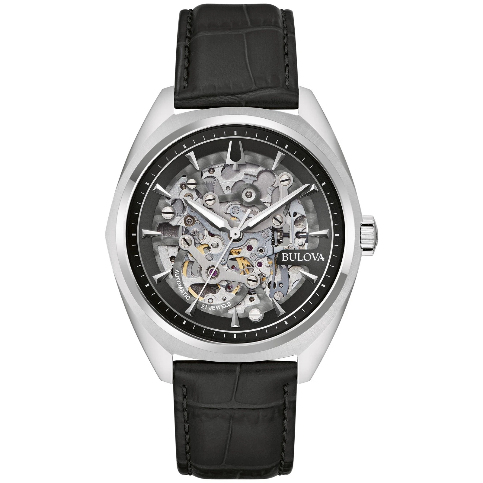 Bulova Men's Classic Automatic Full Skeleton Black Leather Watch 41 MM 96A310