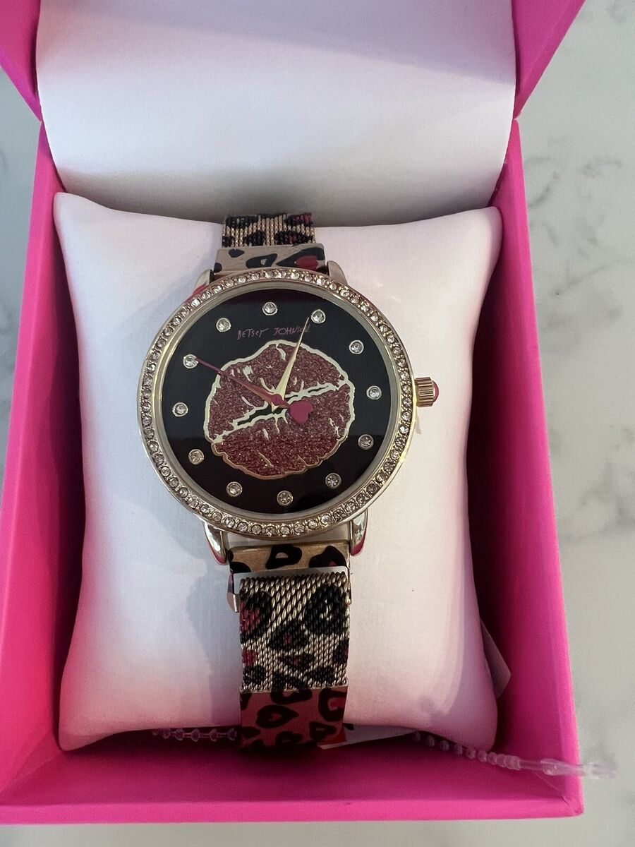 New Betsey Johnson gold leopard watch metal mesh band lips New Betsey Johnson gold leopard watch metal mesh band lips