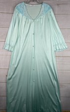 Vintage Vanity Fair Nightgown Womens Sz S Green Button Up Lace Satin Pocket Long
