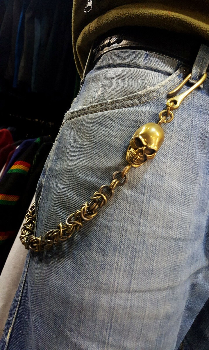 アクセサリー 80s bronze chain necklace/wallet chain Handmade Bronze Wallet Chain With Brass Skull Hook Snake Box