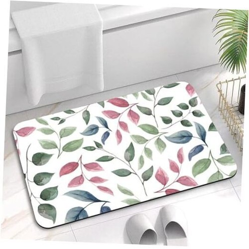Bath Mat Pink Green Watercolor Leaves Quick Dry Bathroom Rugs Non Slip