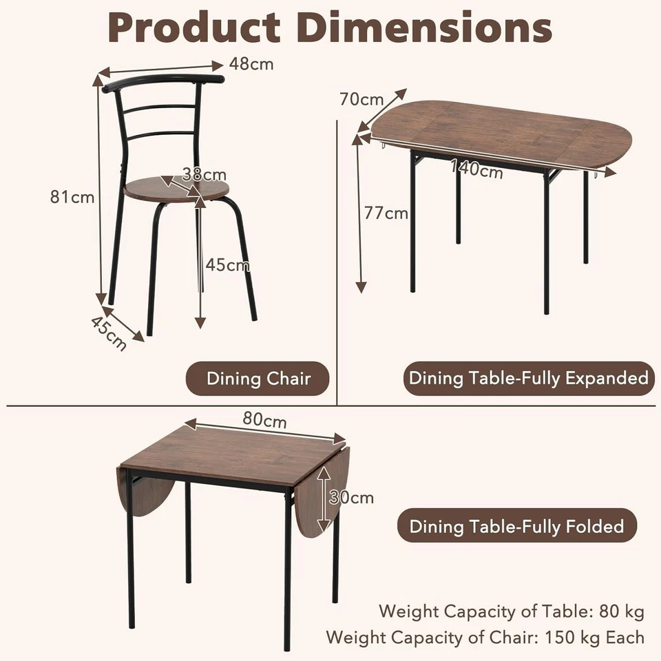Small Compact Foldable Dining Table Chair Set Expandable Kitchen Breakfast Brown - Image 3 of 4