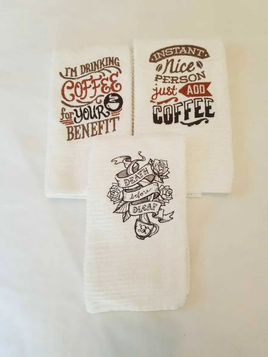 Set of 3 Funny Coffee Kitchen bar mop towels embroidered gift sarcastic
