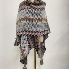 Women Chunky Knitted Scarf Shawl Cape Ethnic Tassel Striped Cloak Wrap Cardigan