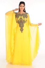 Yellow Zari Work Stones & Beads Embellish Georgette Islamic Partywear Kaftan