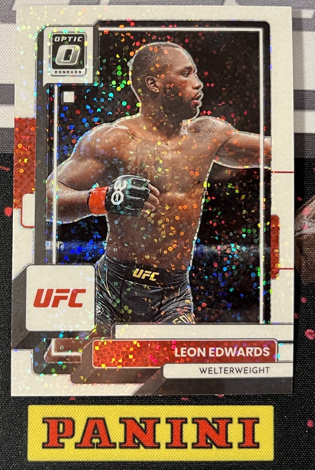 2023 Panini UFC Donruss Optic Leon Edwards White Sparkle Prizm CHAMPION
