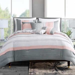 7pc Cal King Coral Pink Grey White Abstract Design Pleated Comforter Set Bedding Ebay