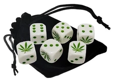 Set (6) 16mm Marijuana Leaf Theme Dice White Green + Storage Pouch Bundle New
