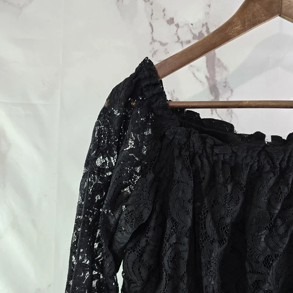 Adriana Papell Jumpsuit Women 10 P Medium Black Lace Flounce Boot Shoulder - Image 2 of 4