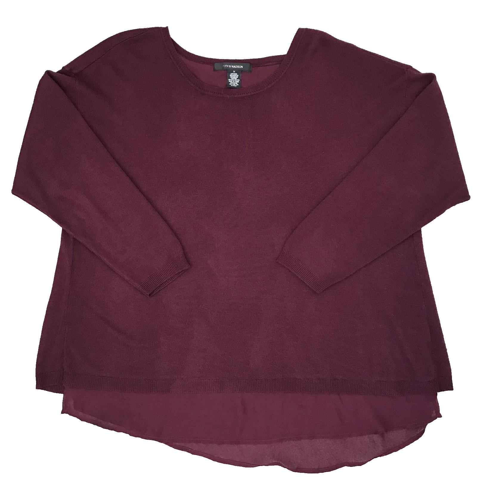 89th & Madison Split Back Sweater Womens 1X Burgundy Layered Sheer Hem Flowy