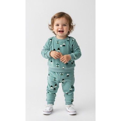 Cat & Jack Green Tree Print Outfit Set | Long Sleeve Top & Pants | Baby 12M