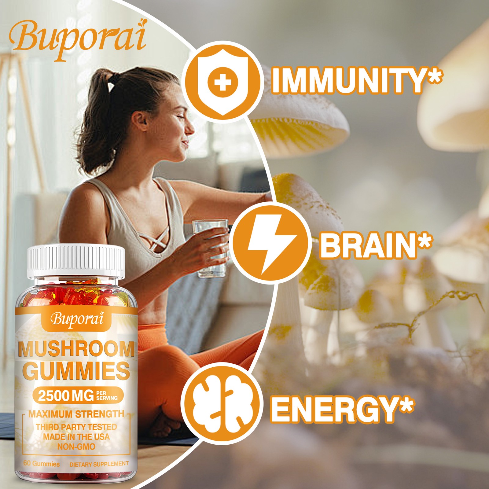 Mushroom Gummies 2500mg -Lion's Mane, Cordyceps, Reishi -Nootropic Brain Booster