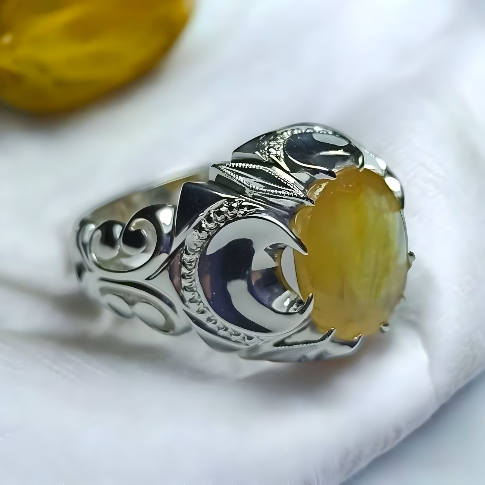 Men's Yellow Sapphire Ring in 925 Sterling Silver with Oval Cylon Cut