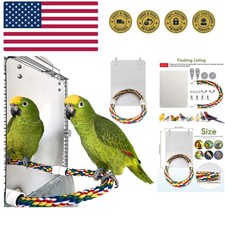 Large Stainless Steel Bird Mirror with Rope Perch Cockatiel Mirror for Cage B...