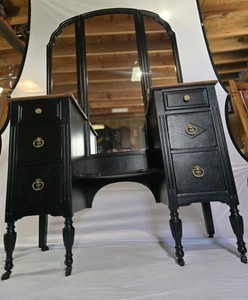 Antique Makeup Vanity / Dressing Table Black Brass Trifold Mirror Art Deco 1920s