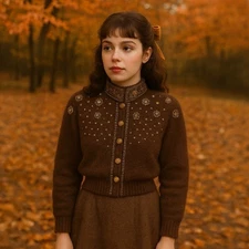 Vango Cardigan Sweater WMNS Brown Angora Beaded Embellished Mock Neck VTG 70s S