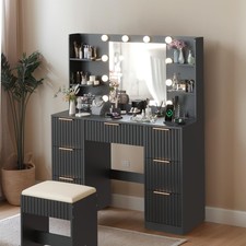 Fluted Vanity Desk with Mirror and Lights in 3 Modes and Charging Station