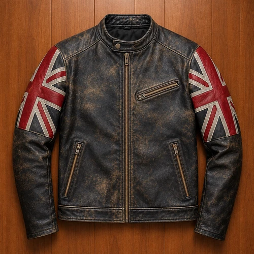 Mens Distressed Leather Biker Jacket, Vintage Union Jack Flag Sleeve Motorcycle - product listing photo