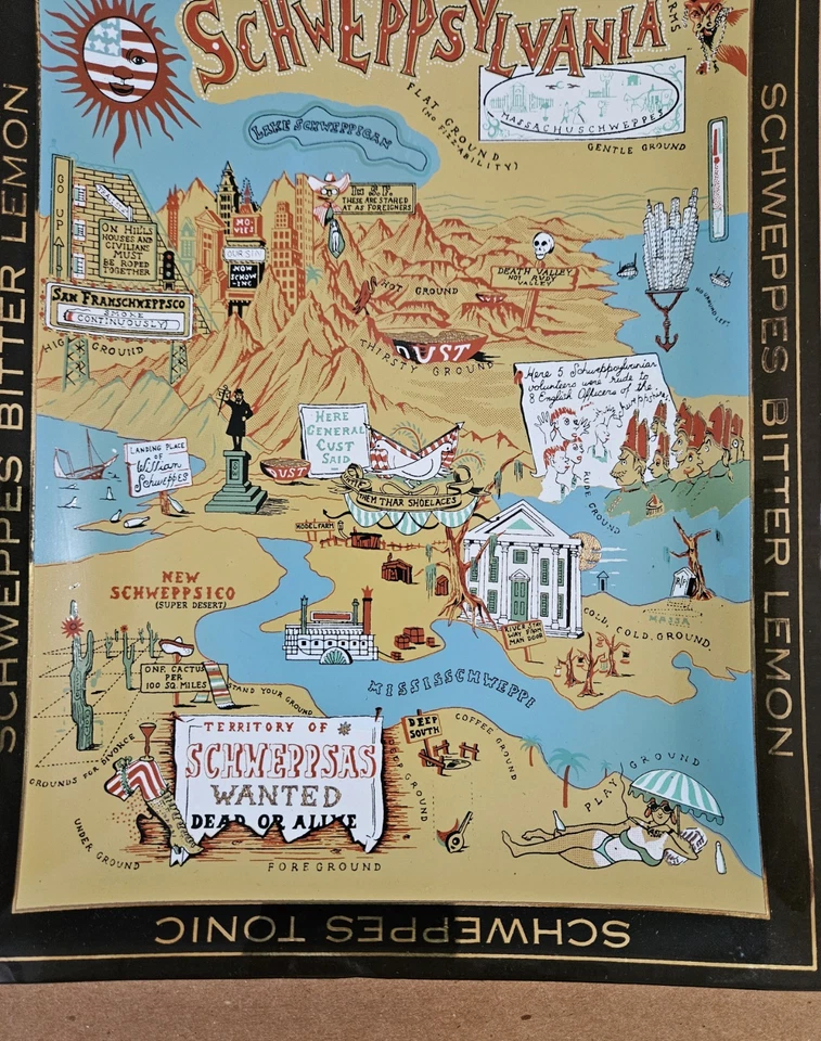 Vintage Schweppsylvania Schweppes Advertising Glass Tray Map Barware Recipes - Image 4 of 4