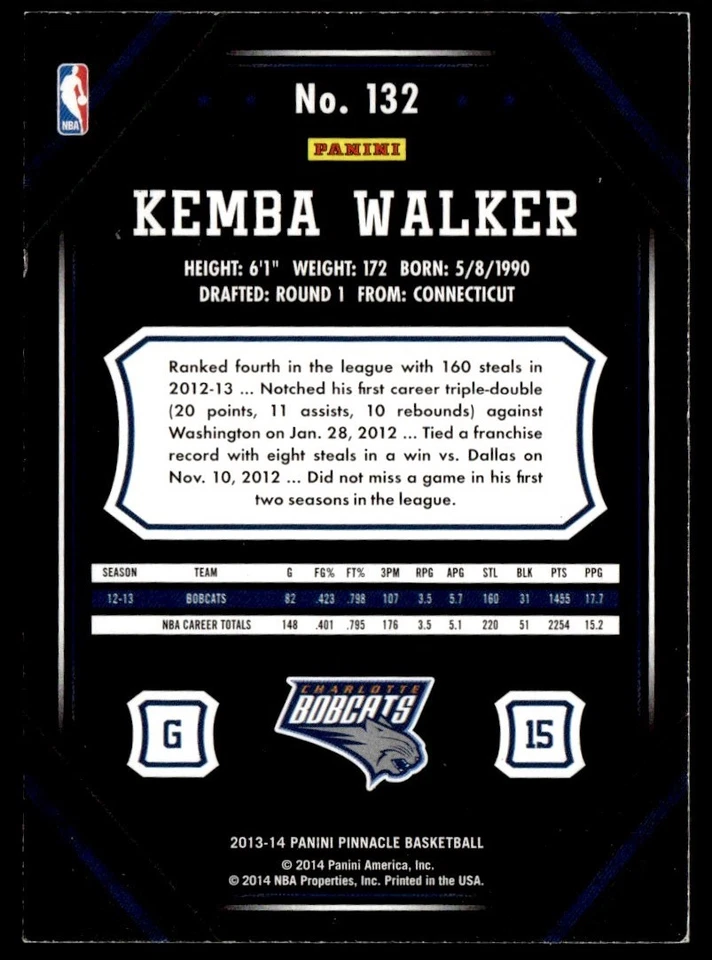 2013-14 Pinnacle Kemba Walker 夏洛特山猫 #132 — 第 2/2 张图片
