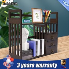 Bamboo Bookshelf Desktop Organizer Desk Rack Storage Shelves w/3 Drawers Office