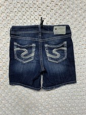 Silver Suki Mid Jean Shorts Women Sz W28 Blue Denim Embroidery Pockets Casual