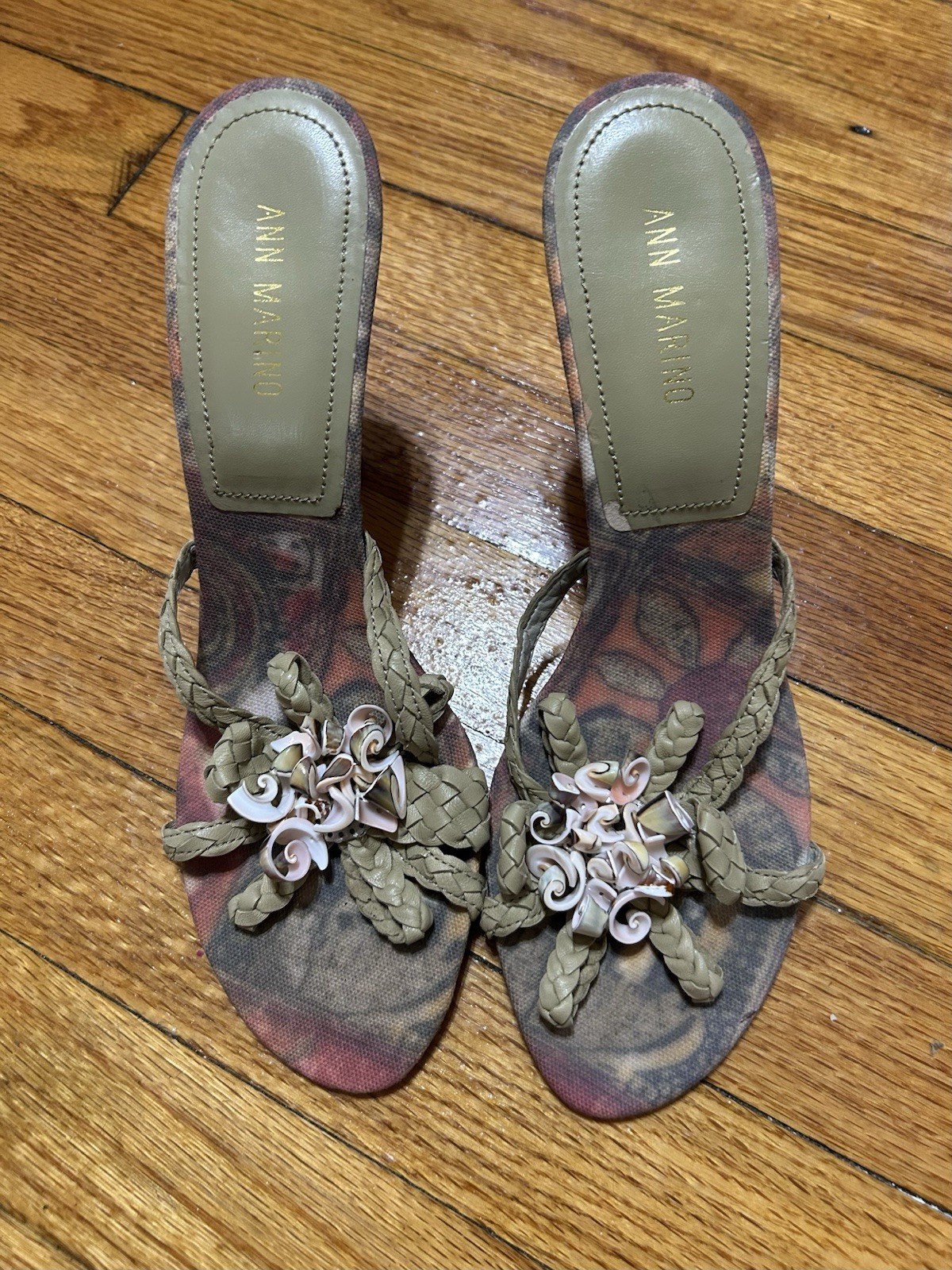 SAOLA SANDALI ANN MARINO SCARPE TACCO CON CONCHIGLIE MARE pelle verde con stampa suola art