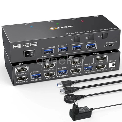 4K KVM Switch 3 Computers 2 Monitors, HDMI USB 3.0 KVM Switcher w/ EDID Emulator - Picture 23 of 27