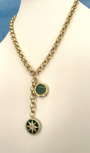Grueso Multi Dije Cadena Rolo Collar Lariat Verde Malaquita Estrella Medallón - Imagen 7 de 8