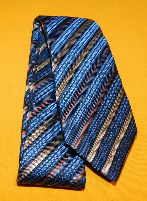 XMI PLATINUM MADE IN U.S.A. BLUE/ORANGE/YELLOW STRIPED TIE - DESIGNER TIES. - Image 2 of 3
