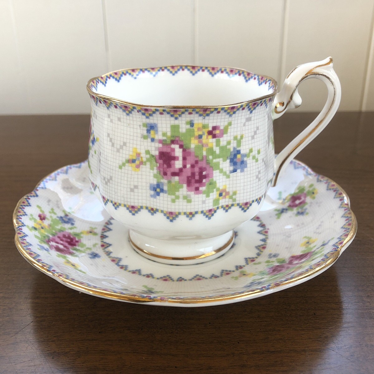 Royal Albert Petit Point England Bone China Footed Tea Cup Saucer Set