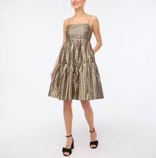 NEW J. CREW BLACK GOLD LUREX METALLIC GINGHAM TIERED MINI DRESS SZ 6