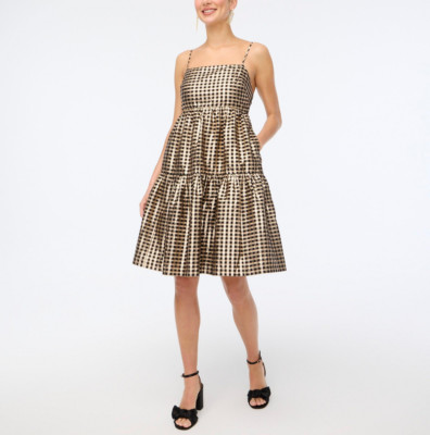 NEW J. CREW BLACK GOLD LUREX METALLIC GINGHAM TIERED MINI DRESS SZ 6