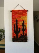 Vintage 1970s Yellow Orange Latch Hook Rug Wall Hanging Saguaro Cactus Succulent