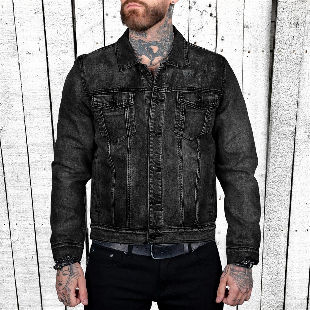 Mens Denim Jacket Jean Coat Loose Casual Clothing Long Sleeve Buttons