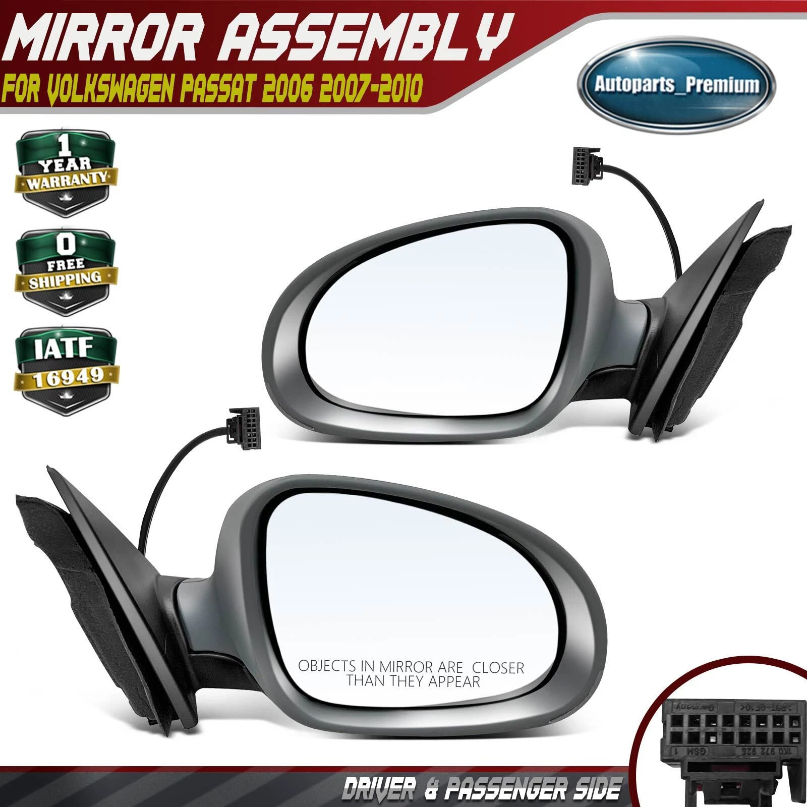 2x Power Mirror with Power Heated Turn Signal Puddle Light for Volkswagen Passat