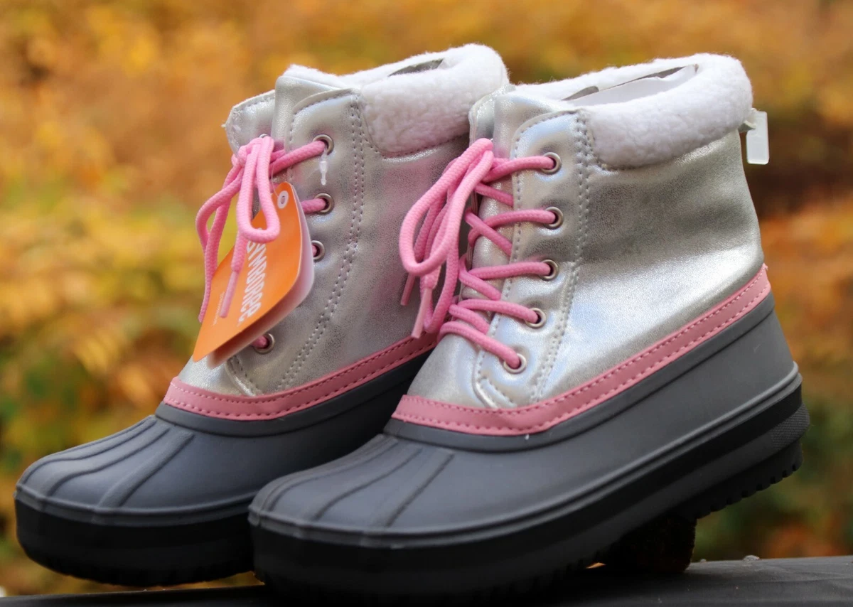 Gymboree Girls Duck Rain Boots ENCHANTED WINTER Snow Boots Pink Gray Silver Fur