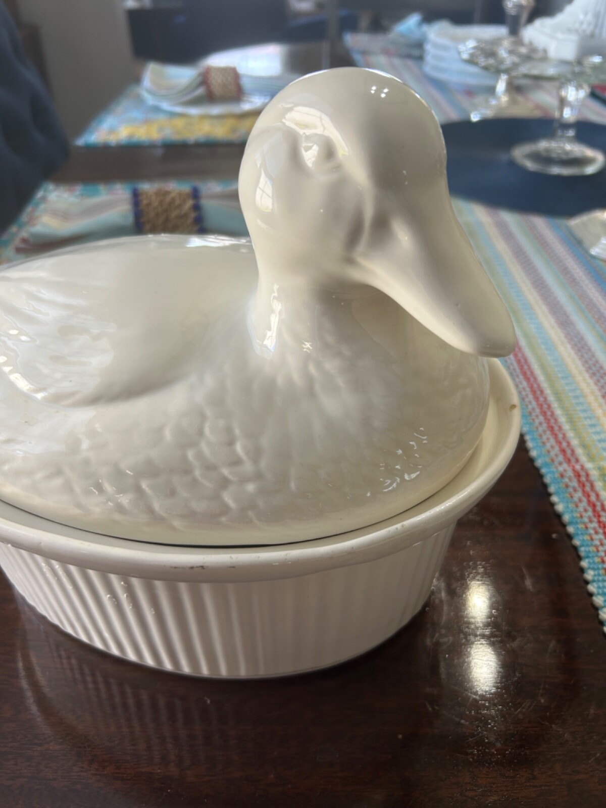 Vintage California USA White Pottery Covered Duck Tureen Casserole Dish 