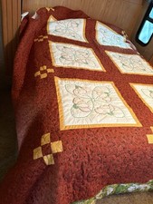 quilts hand made, rust, poppies 100x80