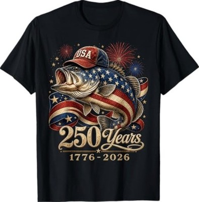 250 America 1776 2026 Bass Fishing USA Flag 250th Birthday T-Shirt
