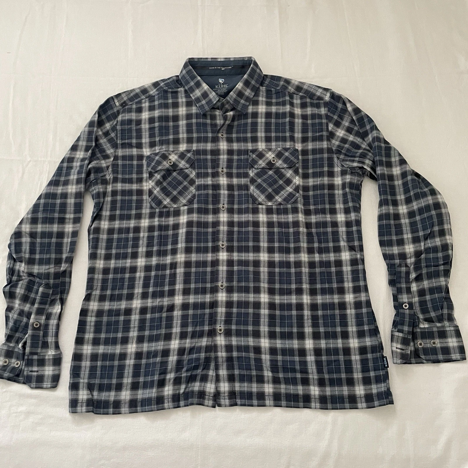 KUHL Plaid Flannel Shirt Men XL Blue Gray Cotton Tencel Outdoor Button Up