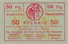 50 Pfennig Emergency Money BISMARKHÜTTE Municipality of Wielkie Hajduki