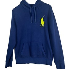Polo Ralph Lauren Men Navy Blue Yellow Pony Logo Hoodie Sweatshirt Size M