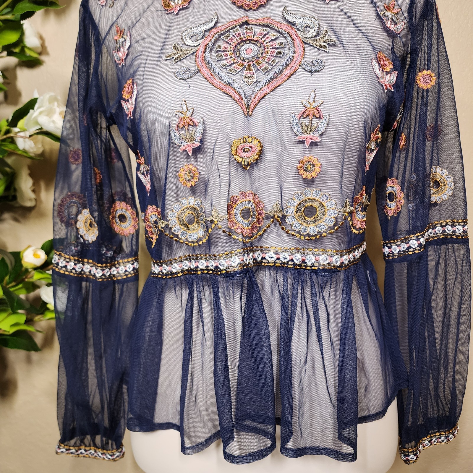 Zara Basic Collection Sheer Embroidered Mesh Blou… - image 2