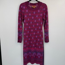 Tory Burch Magenta Purple Geometric Floral Silk Jersey Dress Medium Boho Mod