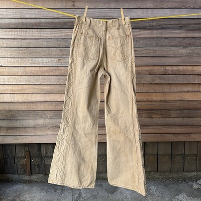 Vintage 70s Bell Bottom Jeans Wide Flare Panel Khaki Mens Womens